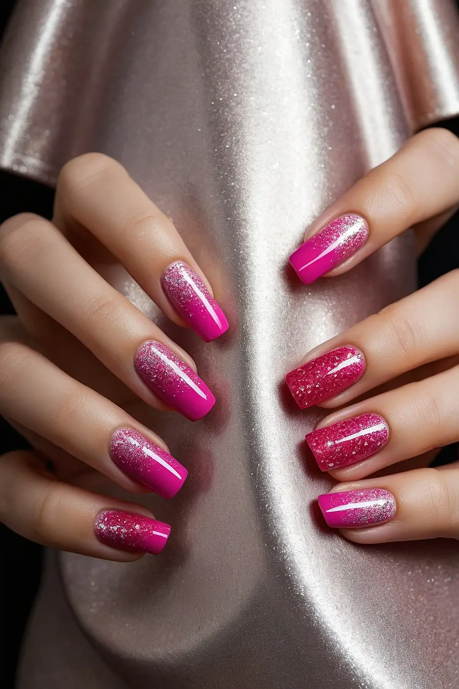 HOT PINK NAILS WITH GLITTER 1