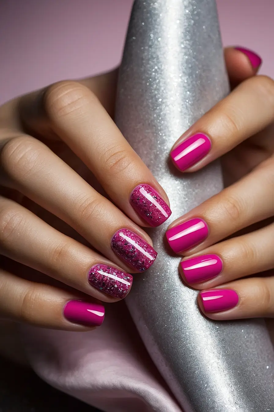 Hot Pink Nails With Glitter