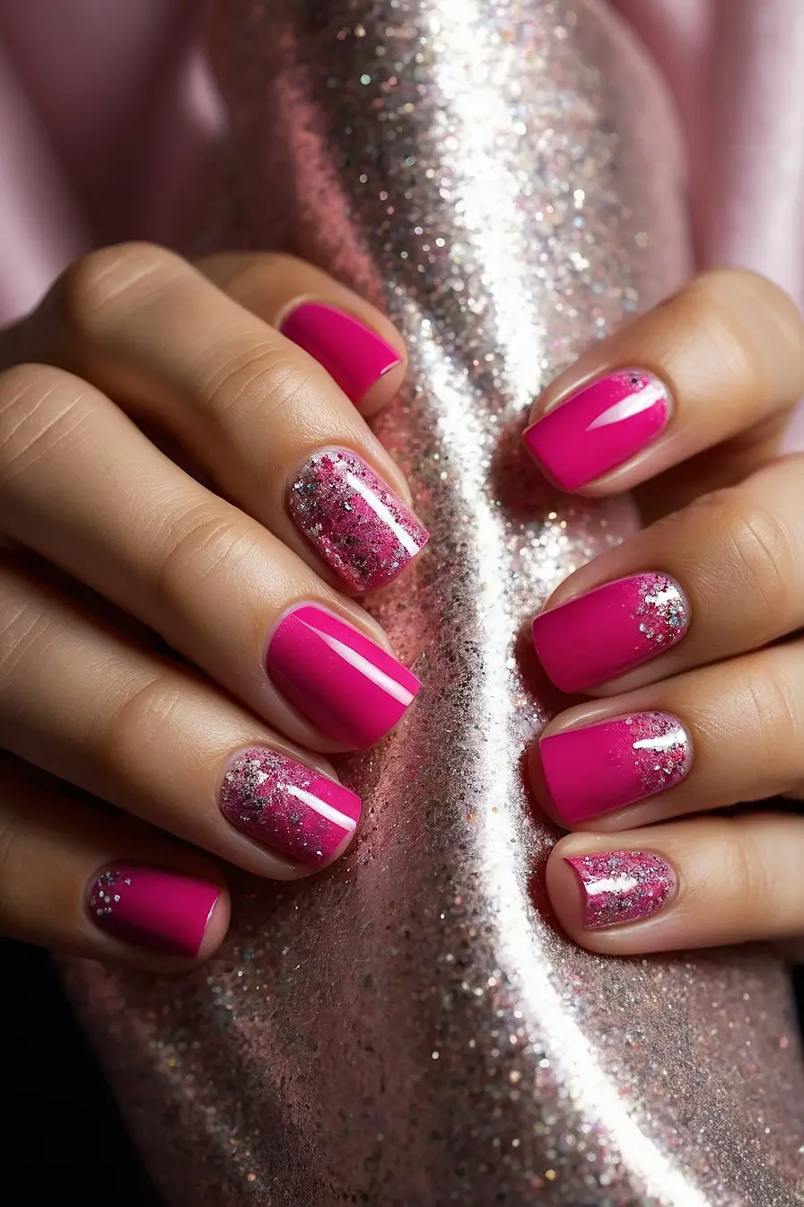 Hot Pink Nails With Glitter